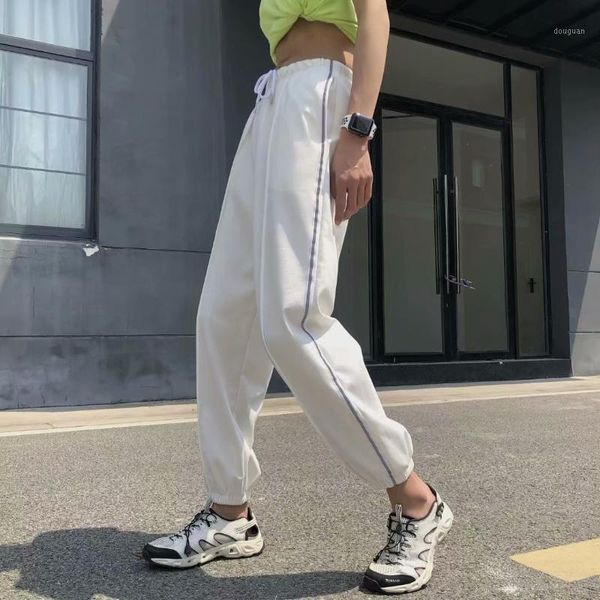 

women's pants & capris 2021 elastic waist casual reflective joggers women sweatpants korean drawstring trousers white harem black, Black;white