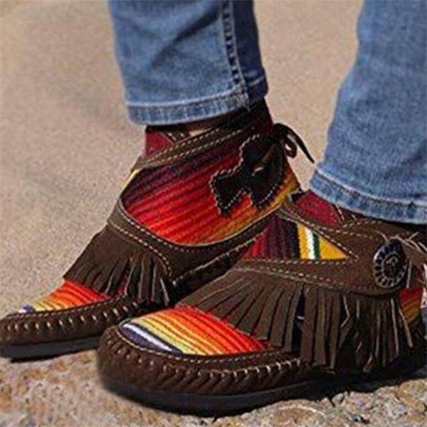 

boots women comfortable sewing ankle metal buckle ladies tassel retro casual soft plus size flat shoes zapatos de mujer, Black