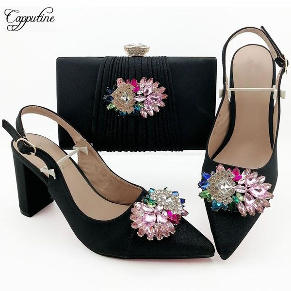 

dress shoes graceful black pointed toe high heel sandal with evening bag set nice crystal stones qsl010 height 9cm