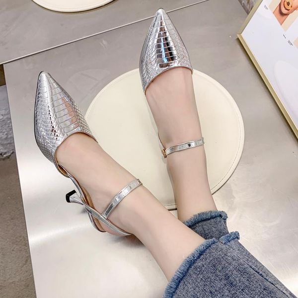 

dress shoes silver high heels women slingback pointed toe sandals summer party metal stiletto buckle pumps 2021, Black