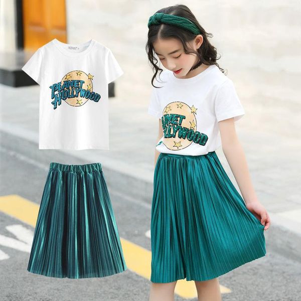 

girls skirt sets summer fashion children short sleeve t-shirt + pleated kids costume teenage outfits for 4 8 12 years skirts