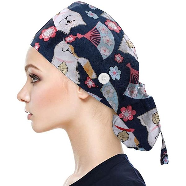 

beanies cute cat print scrubs cap with buttons bouffant hat gorros quirurgicos sweatband for womens accessories mujer