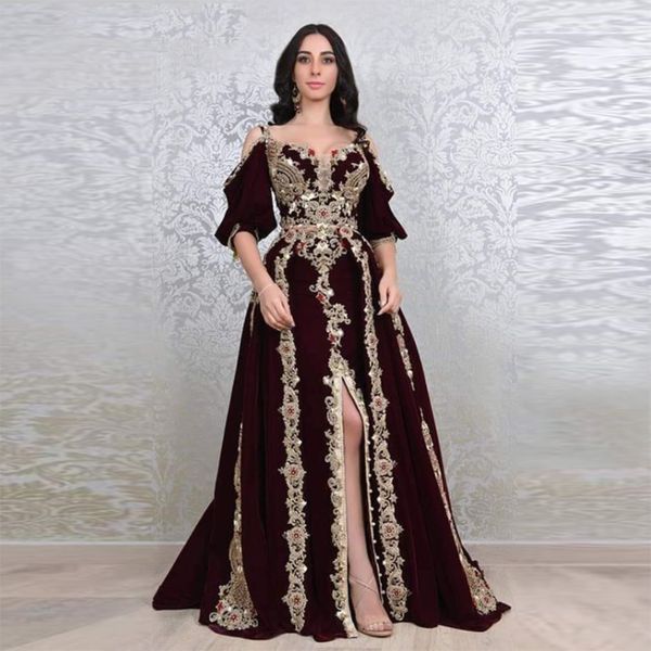 Luxo borgonha sereia marroquina kaftan vestidos de noite formais mangas meia fenda sexy frente renda cristais miçangas árabe dubai vestidos para ocasiões especiais vestido de baile