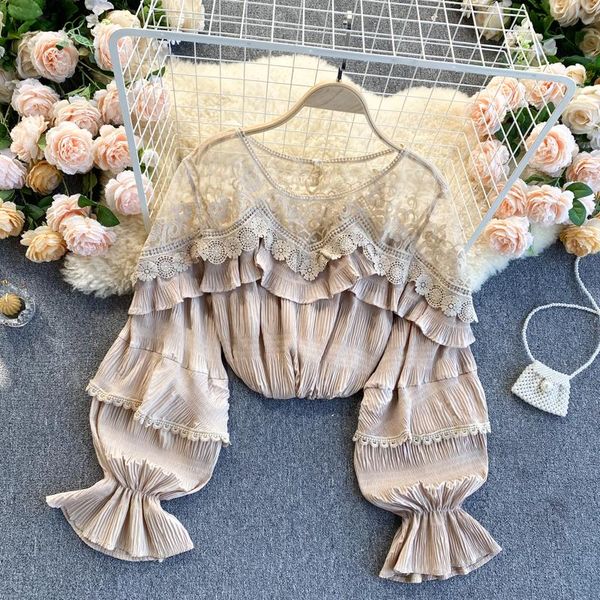 

women's blouses & shirts 2021 spring ruffles mesh korea design lace patchwork elegant formal white