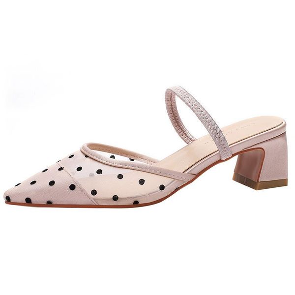 

sandals women summer ladies silk slip on 5cm thick high heels pointed toe shallow back strap sandal shoes size 35-40, Black