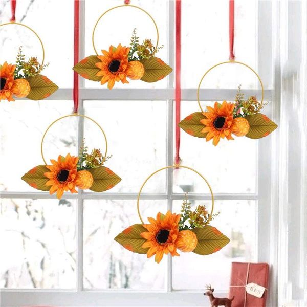 

fashion iron sunflower wreath with pumpkins decoration door hanging ring for thanksgiving/halloween wholesale decorative flowers & wreaths