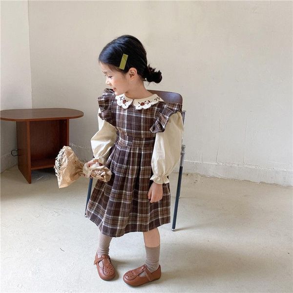 

girl's dresses 21 autumn and winter girls plaid flying sleeves dress baby girl korean style wooden ear suspender, Red;yellow