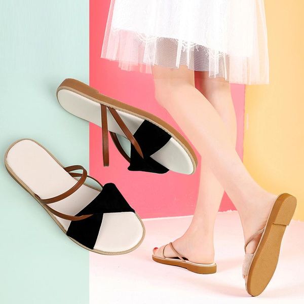 

women sandals slippers shoes slip on flats slides for females suede comfort fashion flip flops, Black