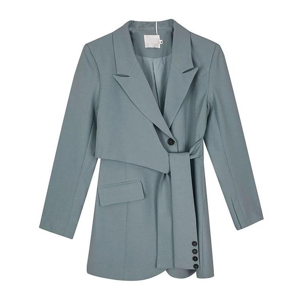 

[ewq] korean chic fashion ladies mid-length bandage blazer blue clothing 2021 autumn simple long sleeve coats 16w1587 women's suits & b, White;black