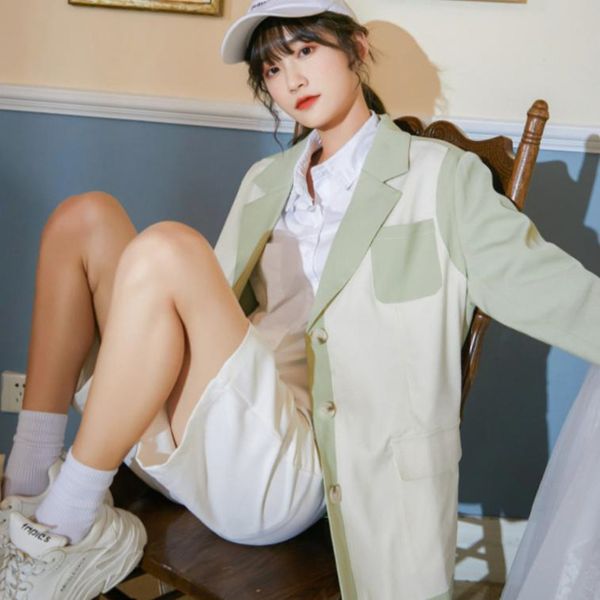 

sweet women loose suit korea ladies office coat stitching pockets trend light green blazer spring autumn 210510, White;black