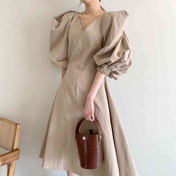 

casual dresses [ewq]office solid midi elegant lady dress women puff sleeve streetwear all match korean chic fashion vestidos 85yh, Black;gray