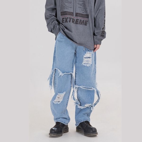 

men's jeans 20ss harajuku streetwear hole ripped pants men and women loose straight frayed denim trousers hip hop baggy track vexa, Blue