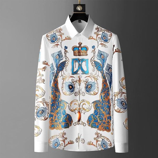 

men's dress shirts 2021 autumn luxury printed men long sleeve business casual shirt slim social tuxedo streetwear chemise homme, White;black