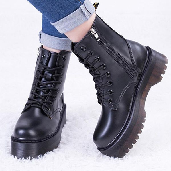 

boots fashion leather ankle women winter shoes warm fur thick-soled autumn side zipper punk black platform