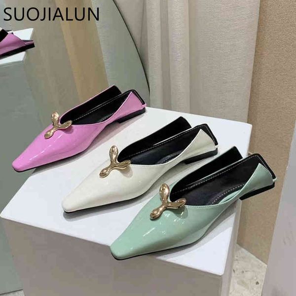 

suojialun 2021 spring women slippers fashion brand metal decoration mules shoes round toe flat heel slip on loafers slides shoes c0407, Black