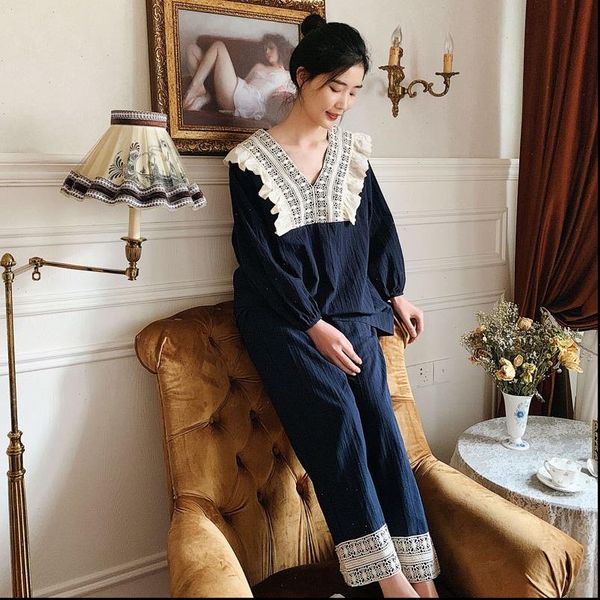 

vintage pure cotton pajamas womens sleepwears sets sweet comfortable soft long sleeve pyjamas exquisite embroidery sleepwear suits, Black;red