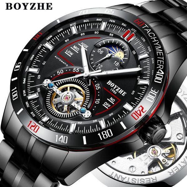 

men automatic mechanical fashion brand sport watches tourbillon moon phase stainless steel watch relogio masculino wristwatches, Slivery;brown