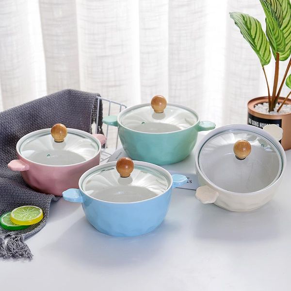 

colorful ceramic instant noodle bowl with cute glass cover japanese korean chinese style home living tablewares bowls