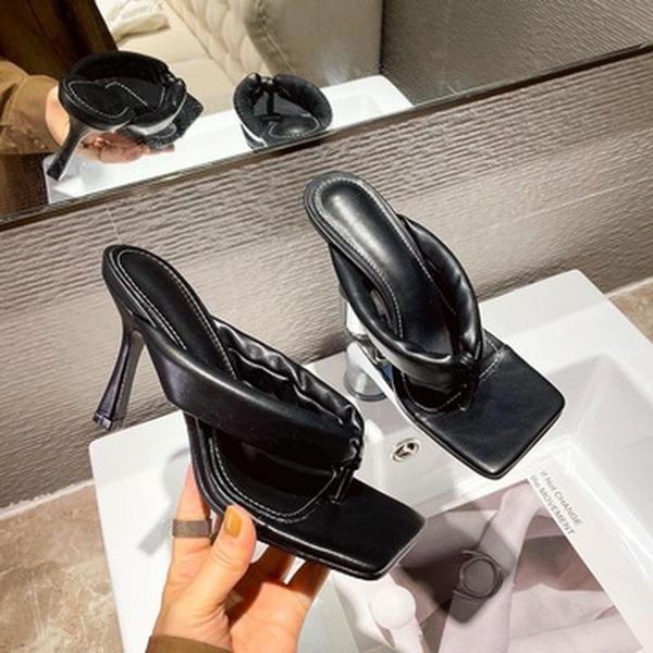 

sandals 2021 brand women slipper summer outdoor slip on ladies high heels slides elegant pleated sandal flip flop shoes, Black