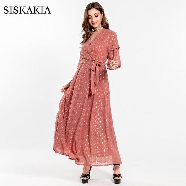

party dresses siskakia 3d pompon spot gold stamp maxi dress for women wrap v neck belted flare sleeve middle east duabi turkey arabic clothe, White;black