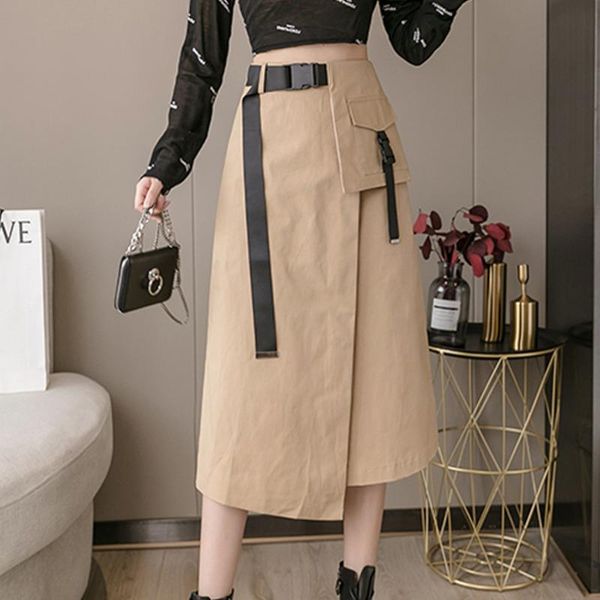 

skirts #0264 black khaki irregular skirt women with belt midi a-line ladies harajuku split korean fashion pockets spring