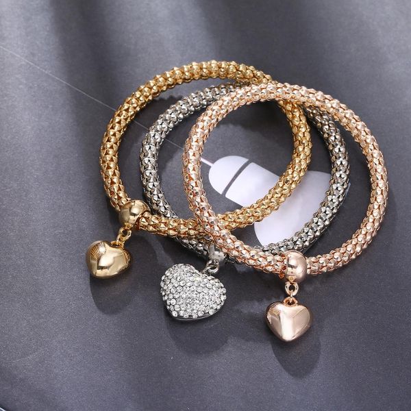 

3pcs crystal heart charm bracelets rose gold silver colors popcorn chain rhinestone pendant bracelet for women 2019 dropshipping, Golden;silver