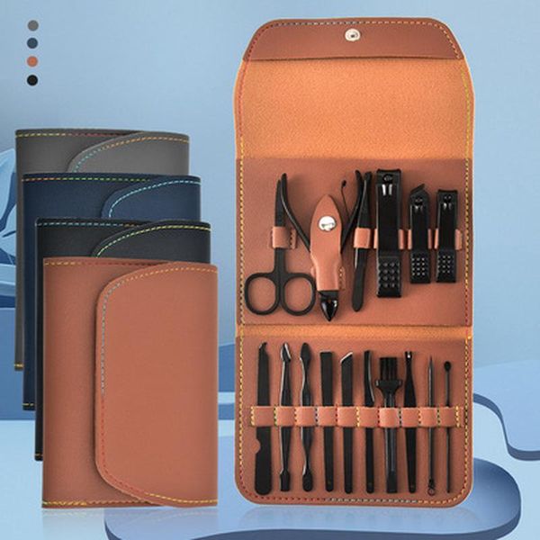 

nail art kits manicure pedicure set, pwing 16-in-1 personal care set professional beauty with brown leather travel case