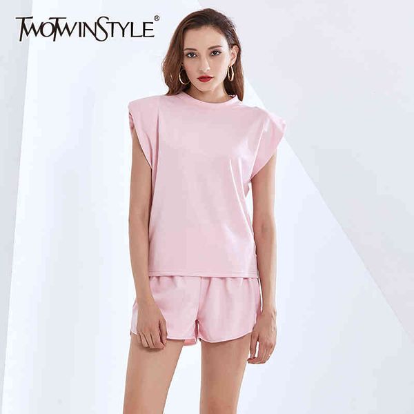 

loose minimalist set for women o neck short sleeve t shirt wide leg shorts casual two piece sets female summer new 210428, White