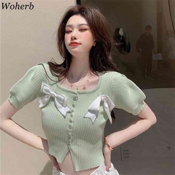 

summer thin knitted cardigan women bow beading cute korean chic stretch crop short puff sleeve cardigans 210519, White