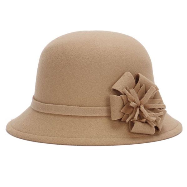 Chapéus largos da borda Mulheres imitando lã Autumn Winter Bowler Cap bucket chapéu redonda Flor redonda Sentido vintage elegante cloche adultos moda quente