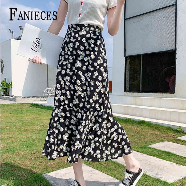 

elegant print women midi skirt ruffles high waist female a-line casual summer autumn ladies s bottoms linging 210520, Black