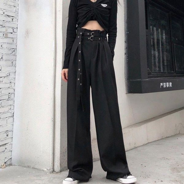 

women's pants & capris 2021 loose falling wide leg black floor high waist waistband thin straight casual street trousers, Black;white