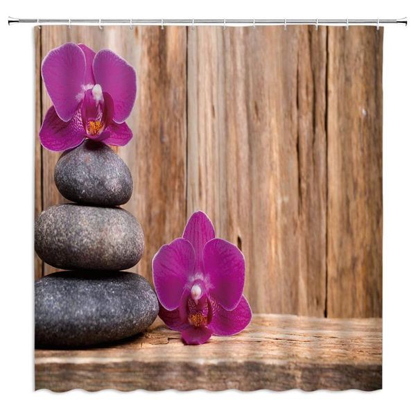 

zen shower curtain decor stone orchid flower wood background meditation brown fabric bath curtains bathroom accessories