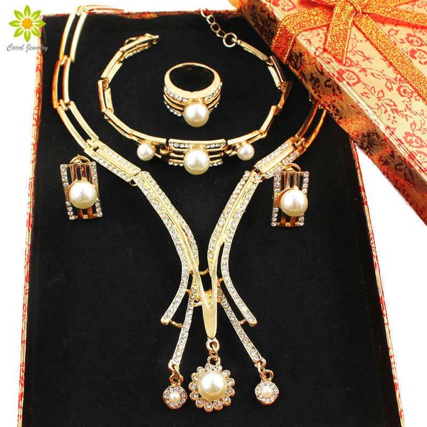 Jóias finas conjunto de ouro Dubai Africano cristal simulado pérola colar conjuntos de casamento noiva conjunto de jóias + caixas de presente H1022