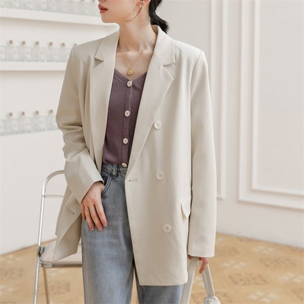 

spring female chic casual blazer coat full sleeve solid double breasted womens suits korean ladies outwear 210514, White;black