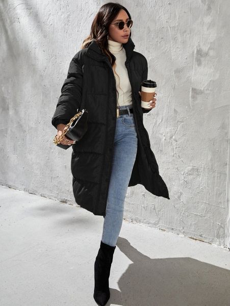 

slant pockets snap button puffer coat a7cs#, Black