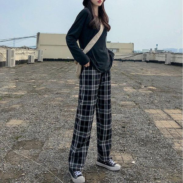 

women's pants & capris black gray plaid women spring autumn straight long trousers 2021 print high waist for, Black;white