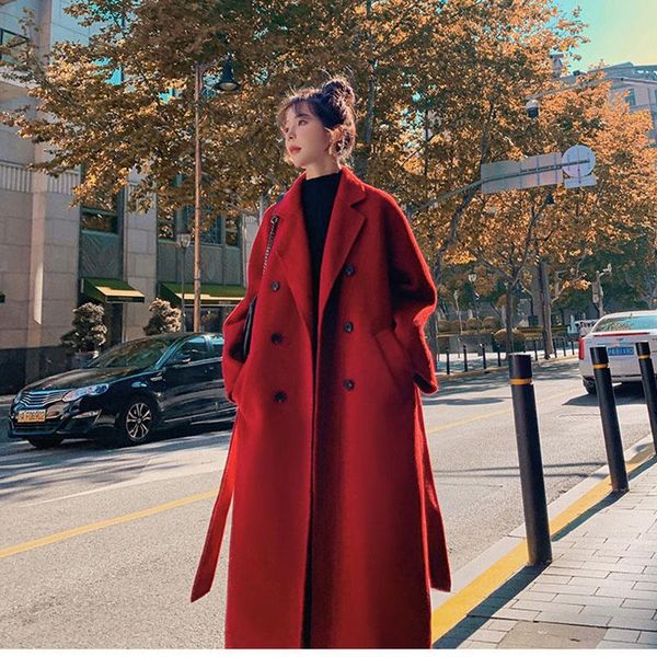 

women's wool & blends korea women spring autumn black loose long coat jacket belt elegant woolen overcoat split hem cardigan outerwear