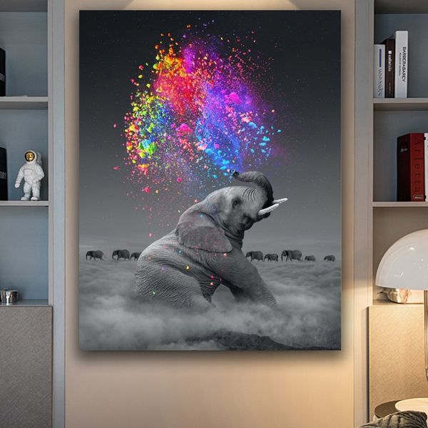 Animal Canvas Poster Decoração Elefante De Parede Arte Colorido Luz De Vida Pintura Nuvem Cigarros Imprimir Decoração Home No Quadro