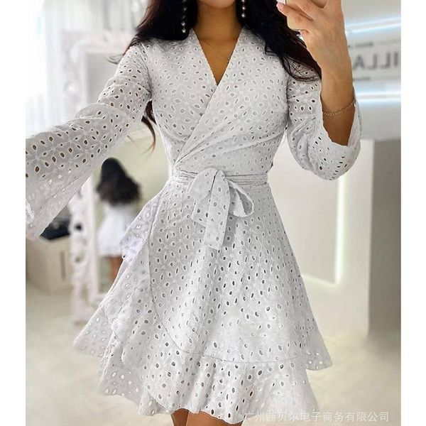 

casual dresses wepbel flared sleeve waist dress high women white hollow-out pattern a-line slim fits, Black;gray