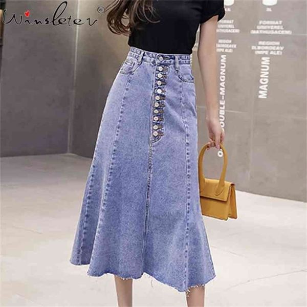 

spring summer mermaid denim skirt women ruffles long mid-calf buttons high waist jeans moda mujer falda b03208b 210421, Black