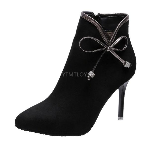 

boots fashion female ankle cow suede pointed toe thin heels bowtie women short zapatos mujer zip botas hdwq, Black