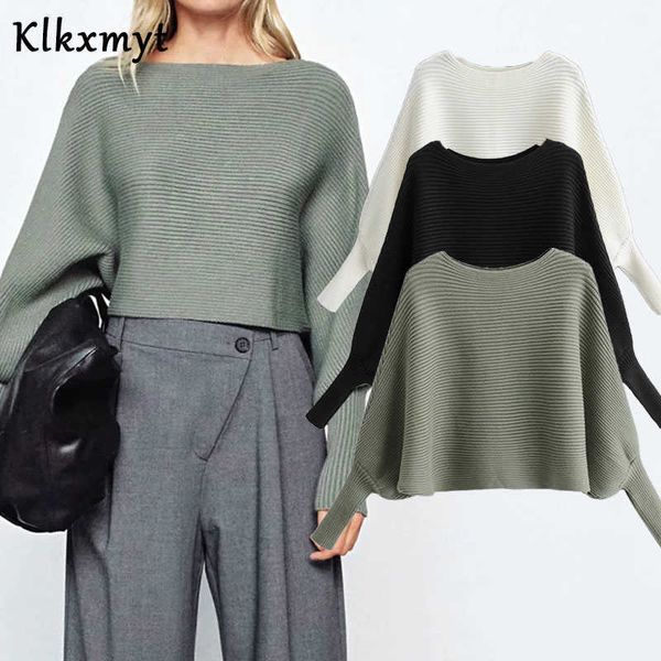 

klkxmyt za sweater women fashion ribbing loose knitted vintage bat long sleeve female pullovers chic 210527, White;black