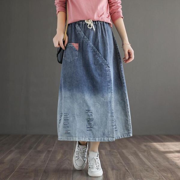 

skirts 2021 autumn women skirt japan style literary elastic waist loose casual a-line denim, Black