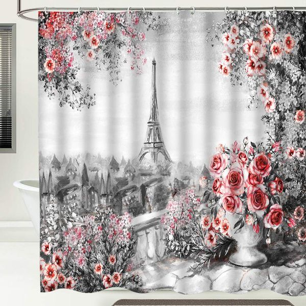 

eiffel tower shower curtain vintage oil painting decor pink rose pairs bathroom curtain fabric bathroom accessories polyester
