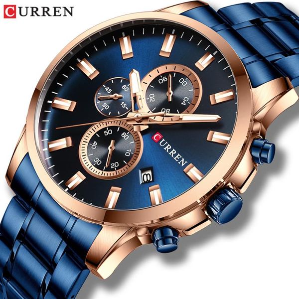 

wristwatches curren sports quartz watches men watch with luminous hands chronograph auto date fashion stainless steel wristwatc, Slivery;brown