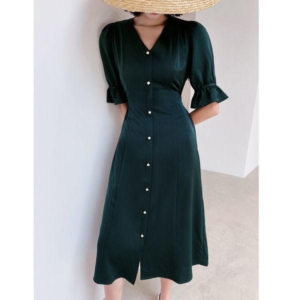 

vintage women silk dress summer lantern half sleeve button high waist party with sash dark green solid es robe femme 210608, Black;gray