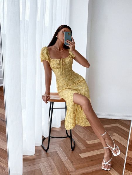 

allover print square neck ruched bust milkmaid dress 21td#, Black;gray