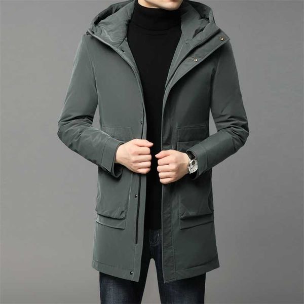 

2021 winter leisure hooded medium long middle-aged and young korean fashion men's white duck down warm jacket, Black