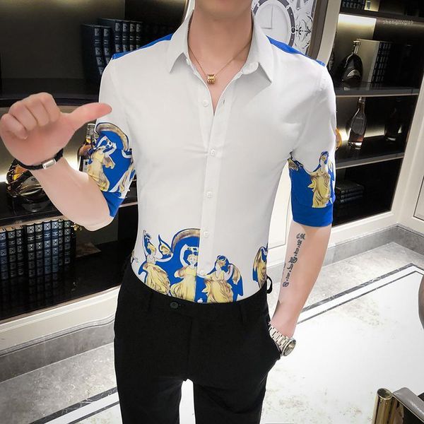 

spring and summer boutique fashion printed men's casual shirt with sleeves thin male social street short-sleeved shirts dress, White;black